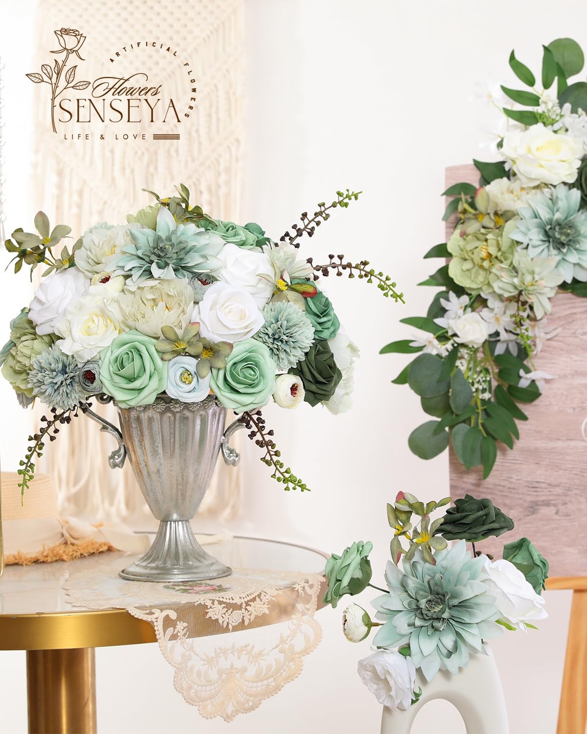 Artificial Flowers Combo Set, Green Silk Roses, Peonies, Dahlias with Stems f…