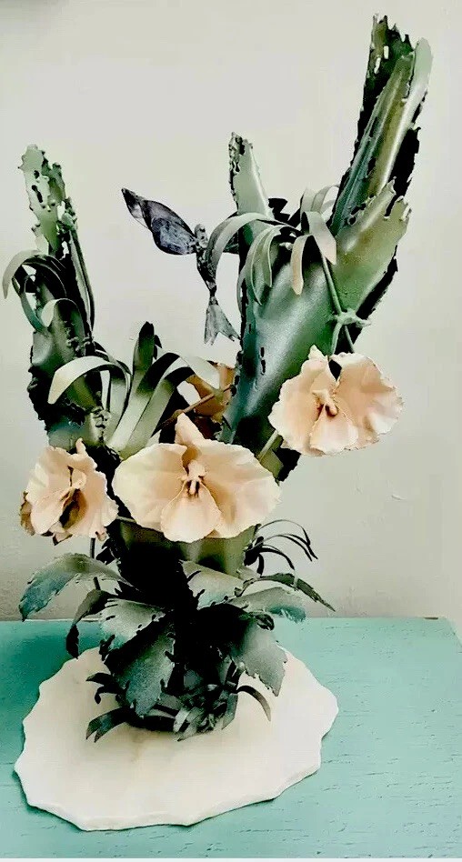 Unique Flower Arrangement Metal Orchids Marble Stand Handmade Hummingbird Signed