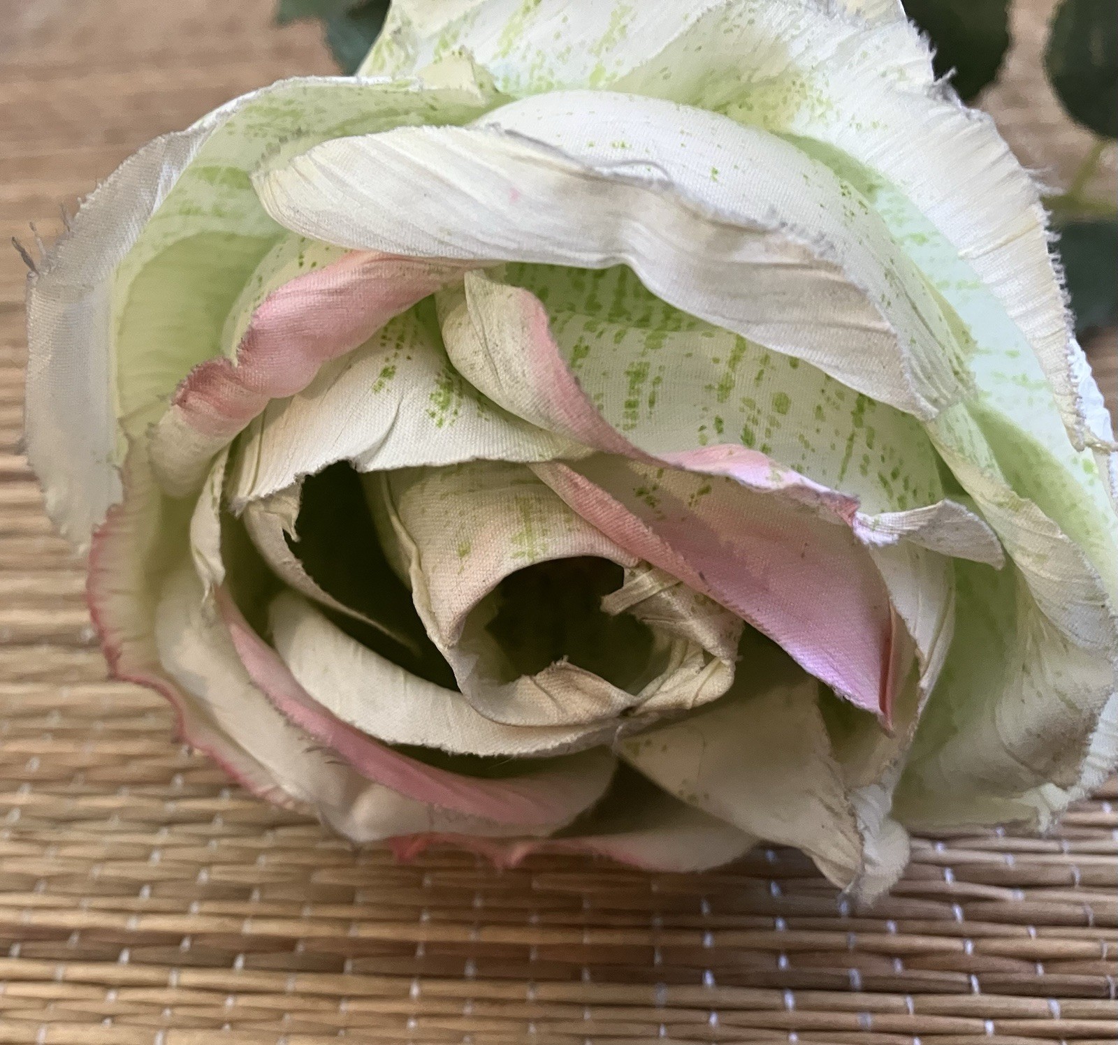 Vintage French 90’s Artificial Pale Green & Pink ROSE Flower w/ Leaves Long Stem
