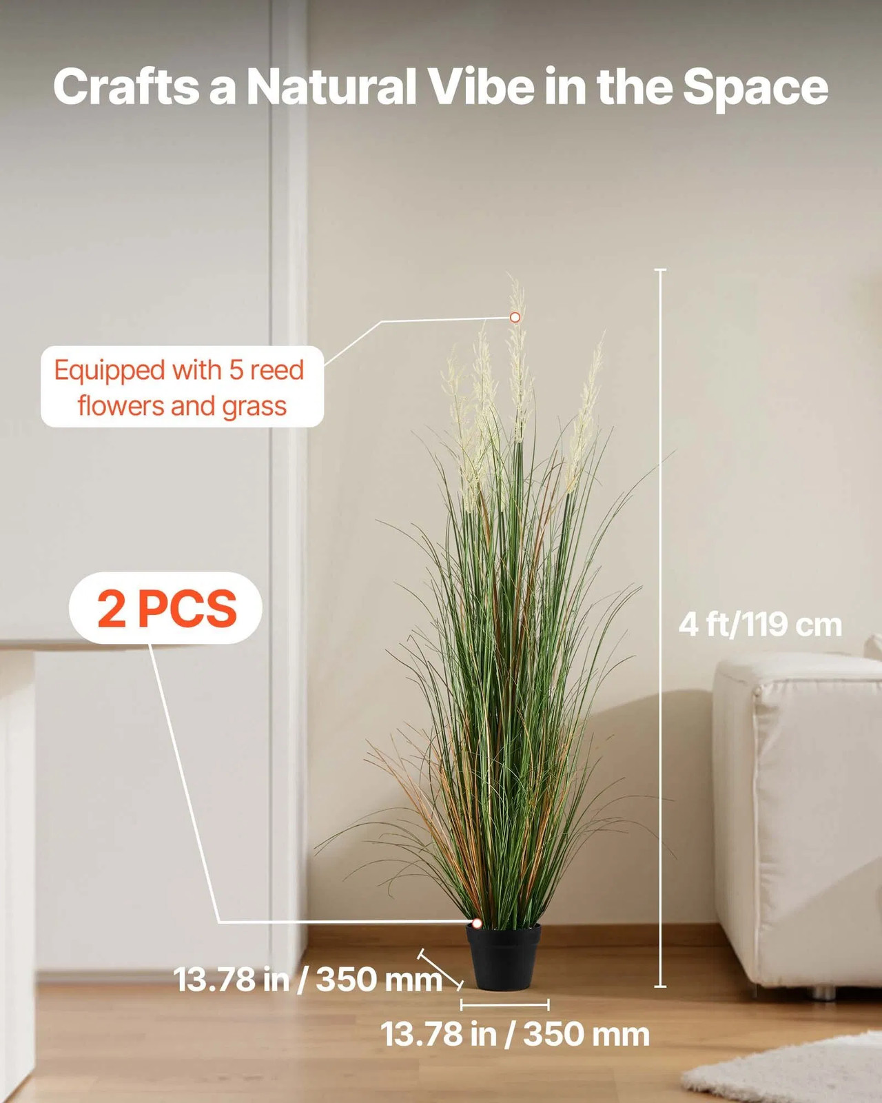Artificial Grass Plant, 2 Pack 47 inch Reed Flower Grass in Pot, Premium PVC Fau