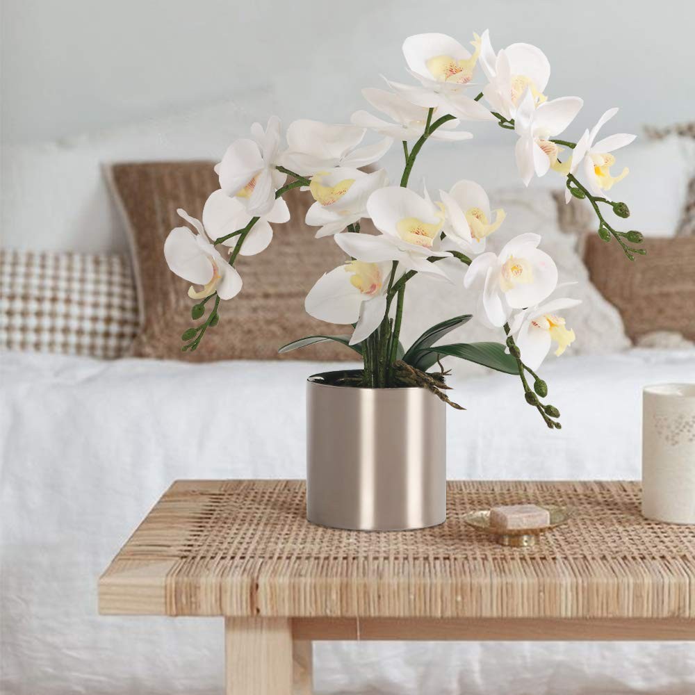 Real Touch White Fake Orchid In Silver Vase Potted Flower Arrangement