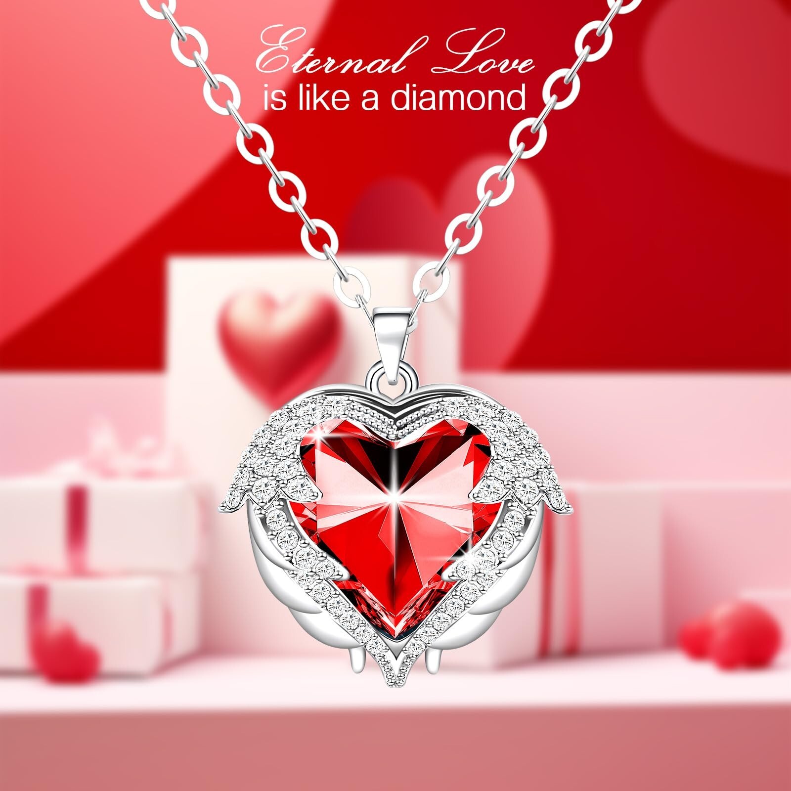 Preserved Red Real Rose with Necklace Forever Flowers Diamond Shaped Box for …