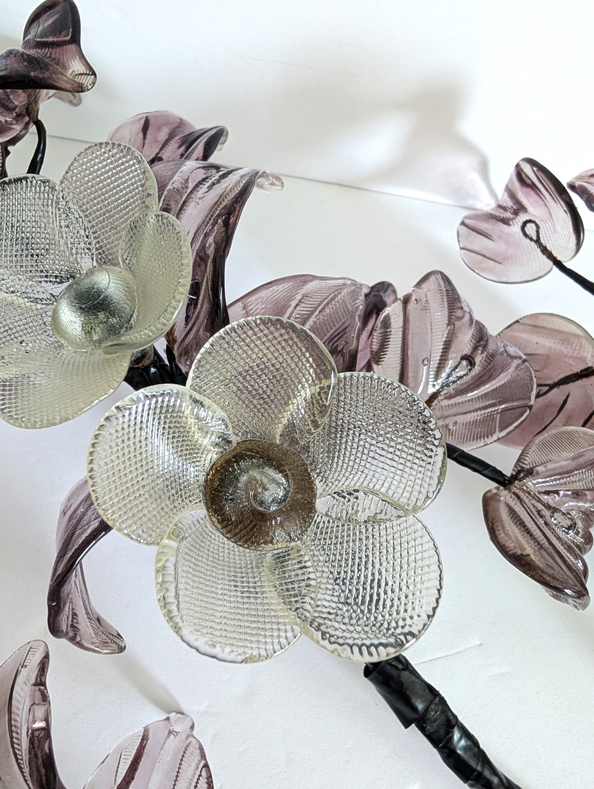 Vintage Hand Blown Glass Smoky Amethyst Flower Branches Set Of 3 Stalks MCM 15″