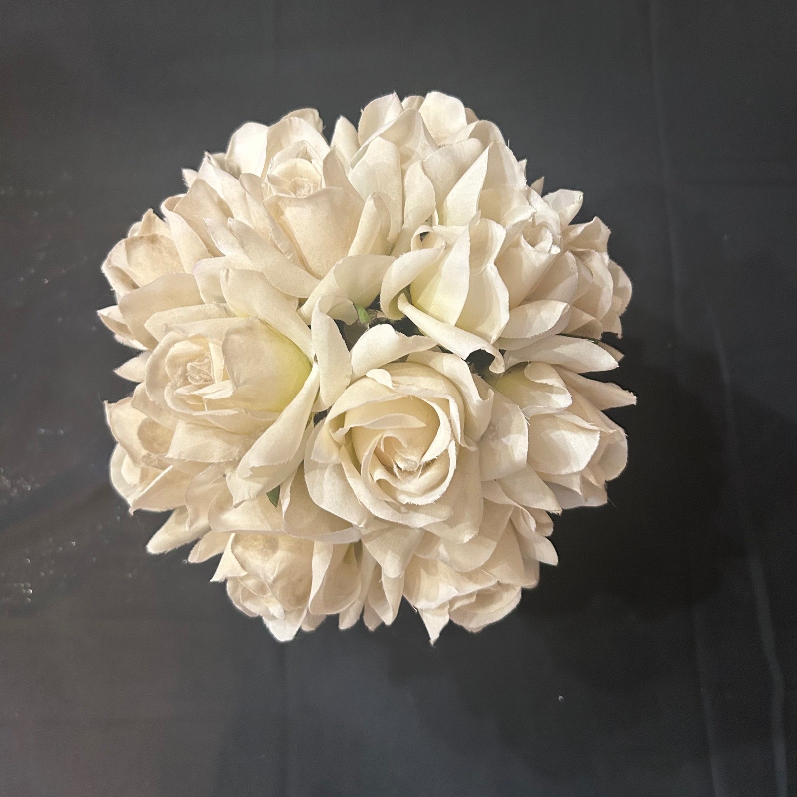 Distressed Cream Urn Planter w/White Faux Roses French Country Floral Home Decor