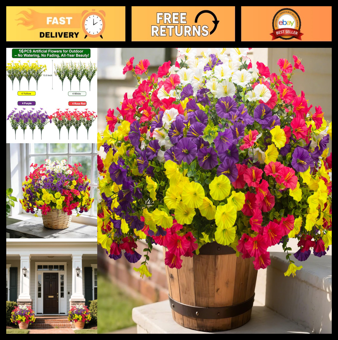 16 Bundles UV Resistant Artificial Morning Glory Flowers – Faux Silk Fake Plants