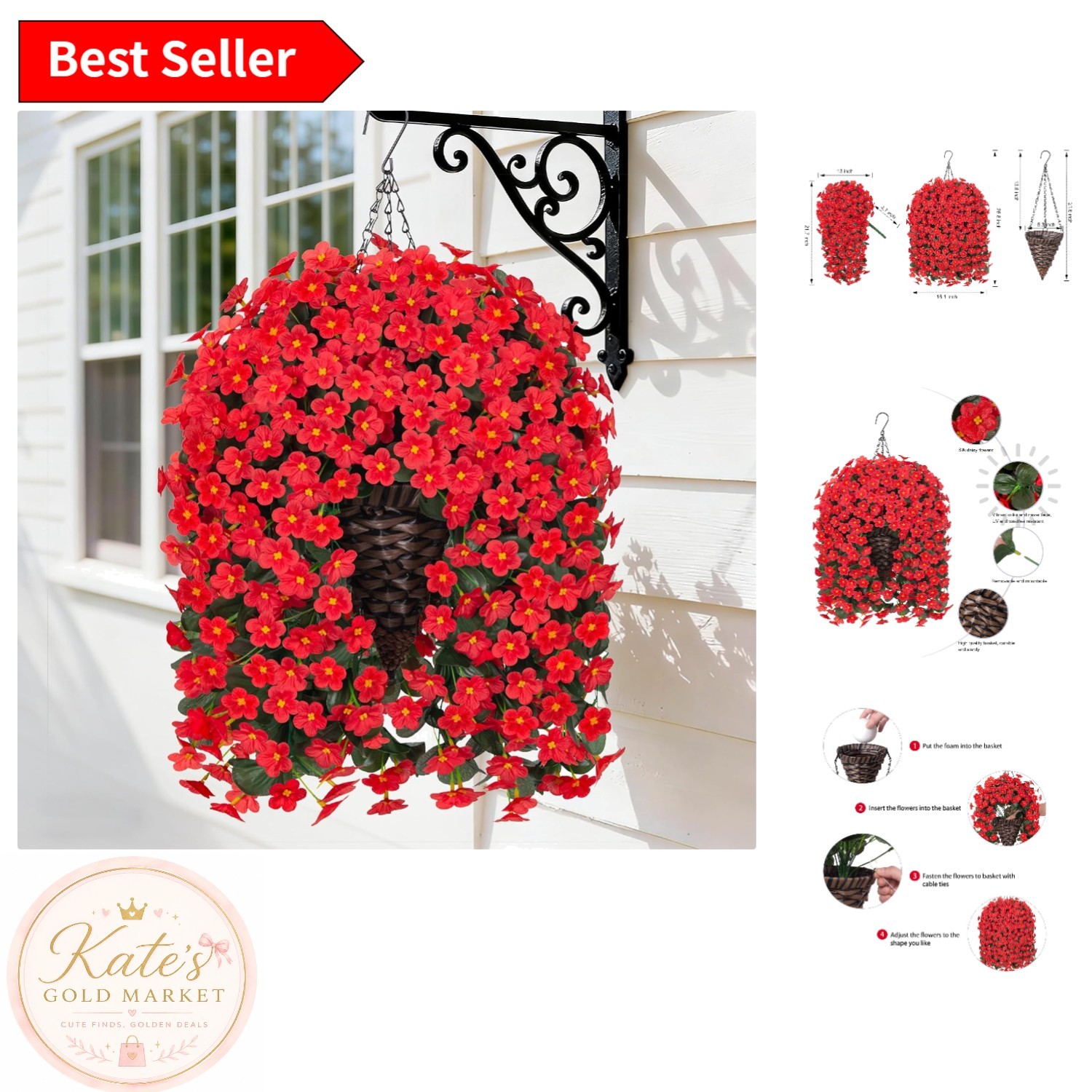 Vibrant UV Resistant Red Daisy Hanging Flowers in Stylish Basket – 11″ Tall