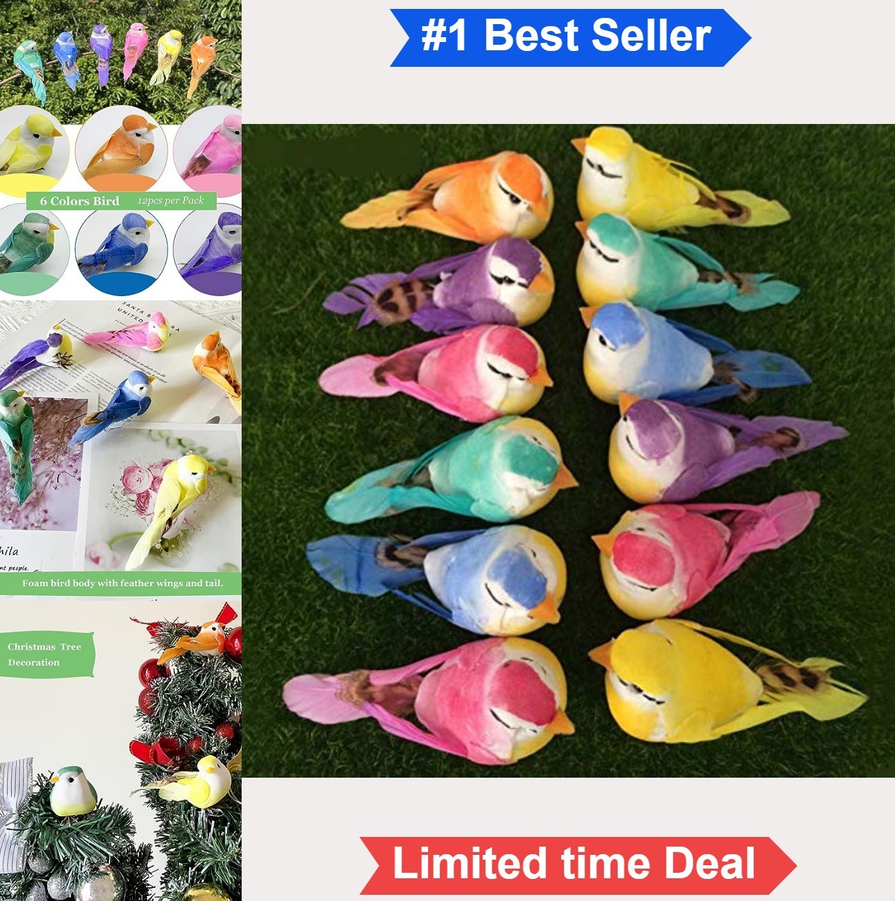 12pcs Clip on Artificial Foam Feather Birds 3.5in Mini Assorted Colors Craft