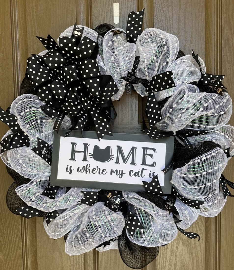 Everyday Deco Mesh Home is where my cat is Wreath cat lover animal lover