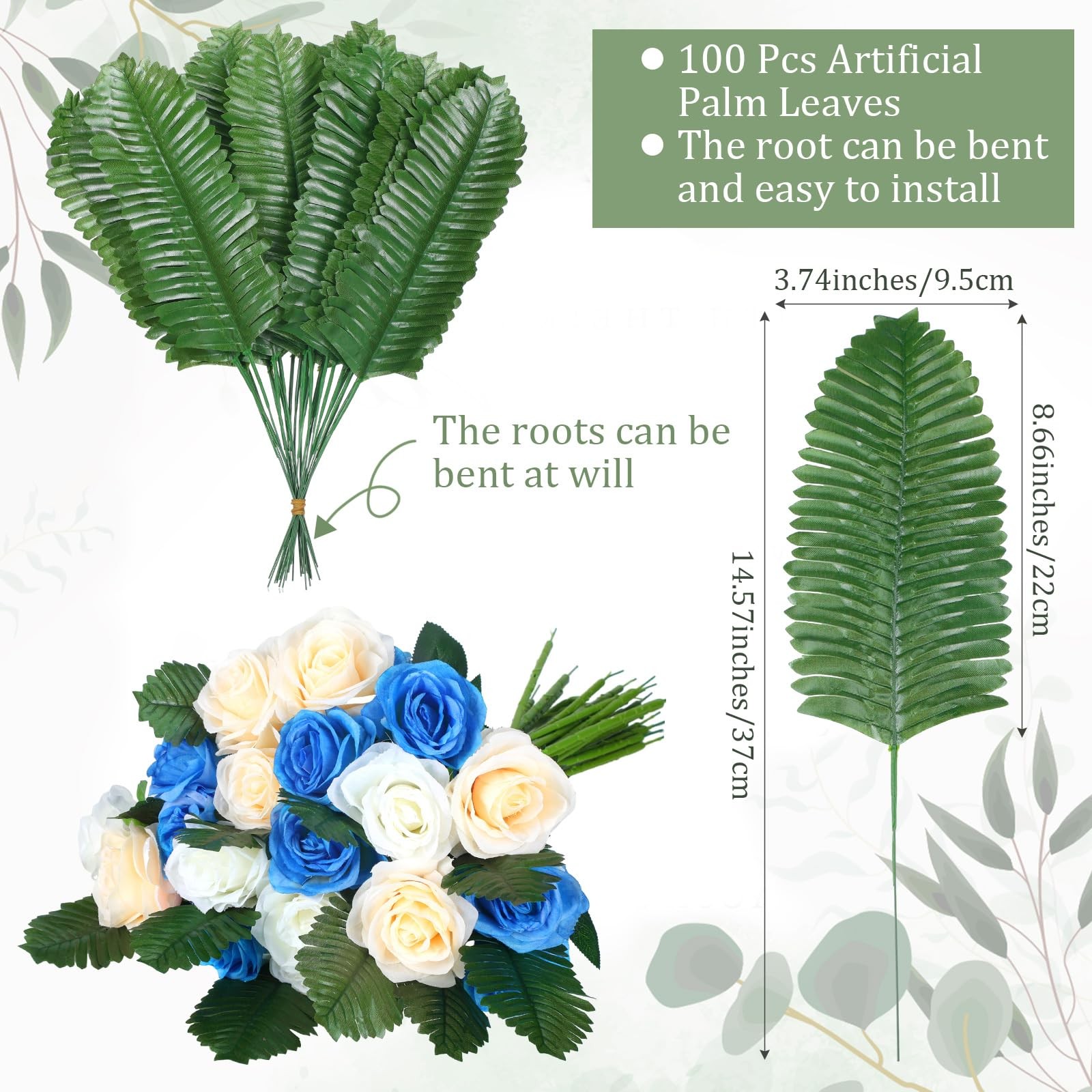 100 Pack Artificial Palm Leaves Cemetery Flowers Faux Fronds Grave Decorations