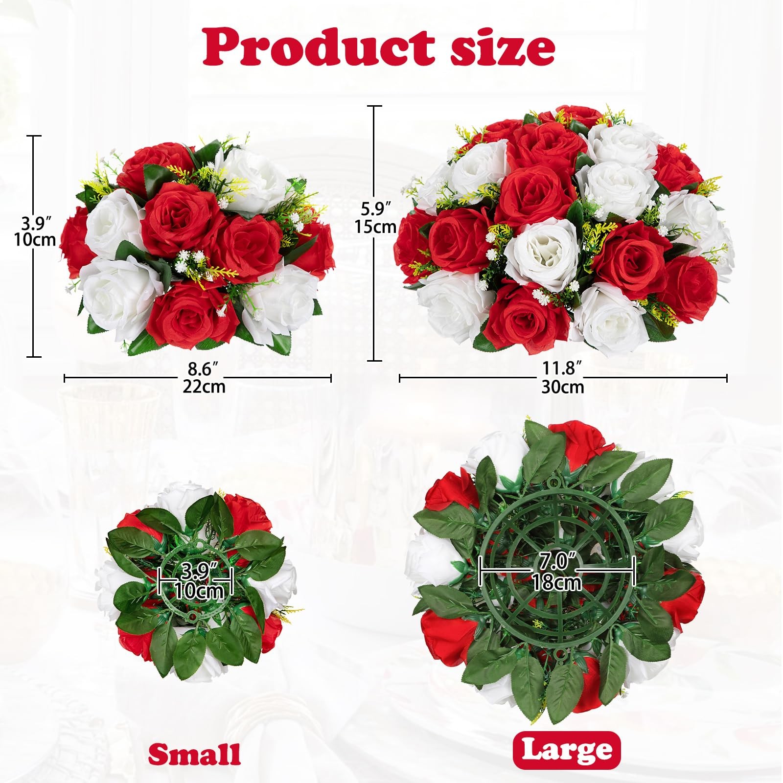 Fake Floral Balls Centerpieces 2PCS 11.8 Inch Large Faux Rose Silk Red White