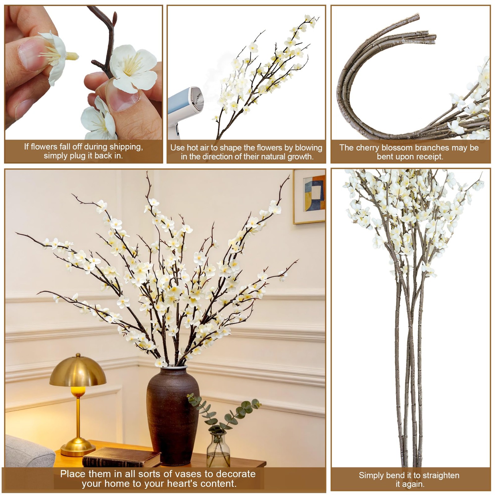 Cherry Blossom Branches 39 Inch 6PC White Cheery Blossom Branches for Decor