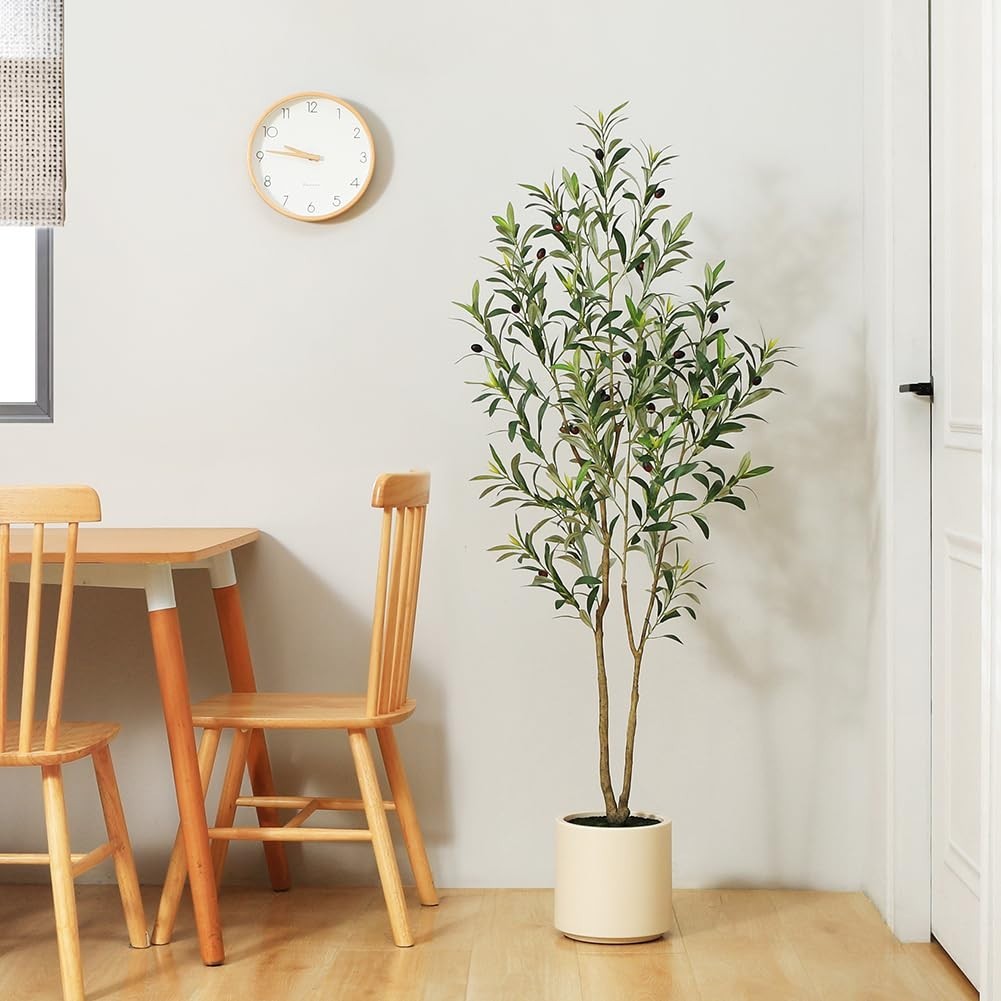 5ft Artificial Olive Tree – Faux Silk Plant with White Planter for Home Decor, G
