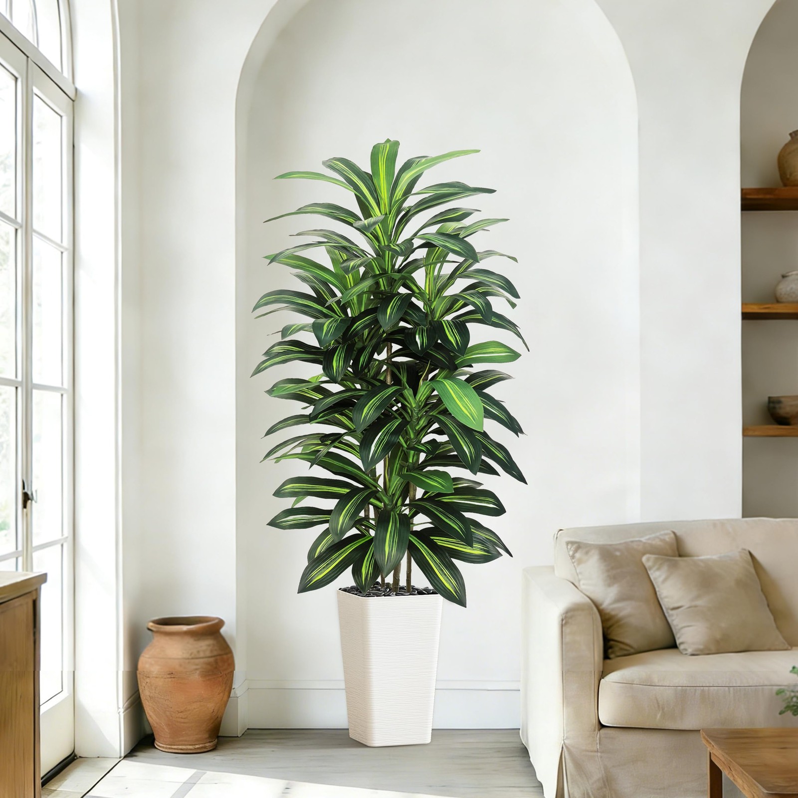 Artificial Dracaena Tree Indoor, 5FT Tall Fake Floor Plants with White Plante…