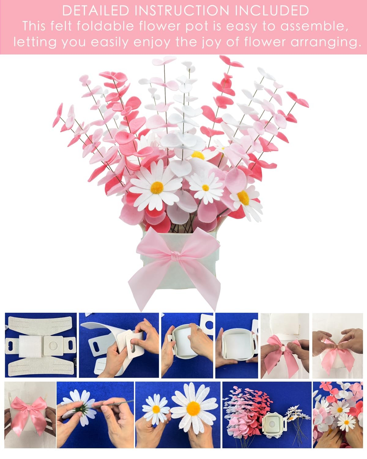 BAZIMA Felt Eucalyptus Daisy Bouquet,Felt Flowers,Multi-Color Felt Leaves,DIY…