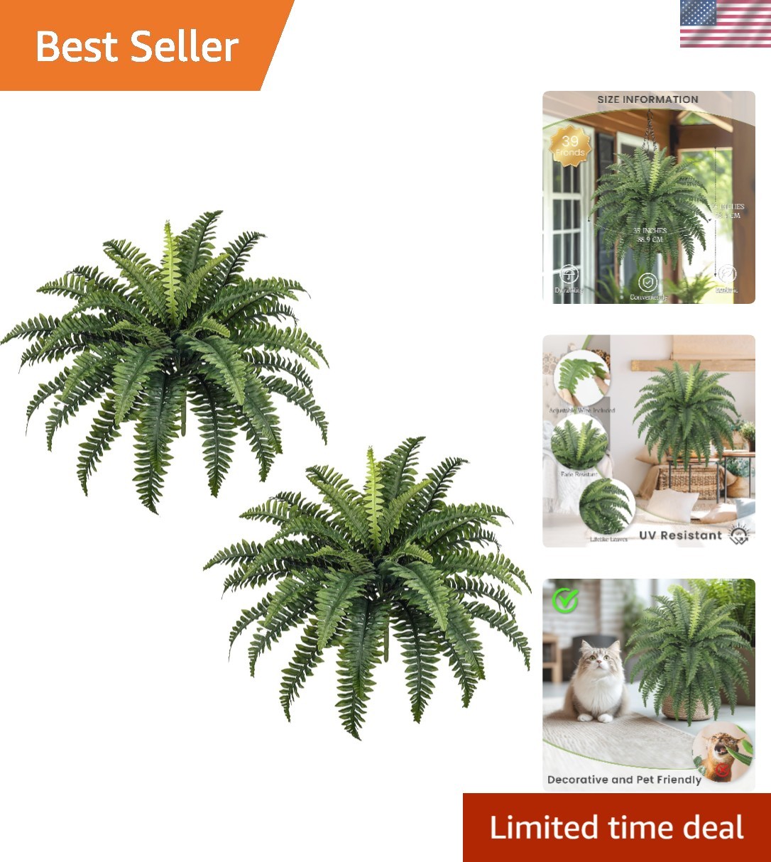 Lifelike 35-Inch Artificial Ferns with 39 Fronds – Elegant Home and Garden Decor