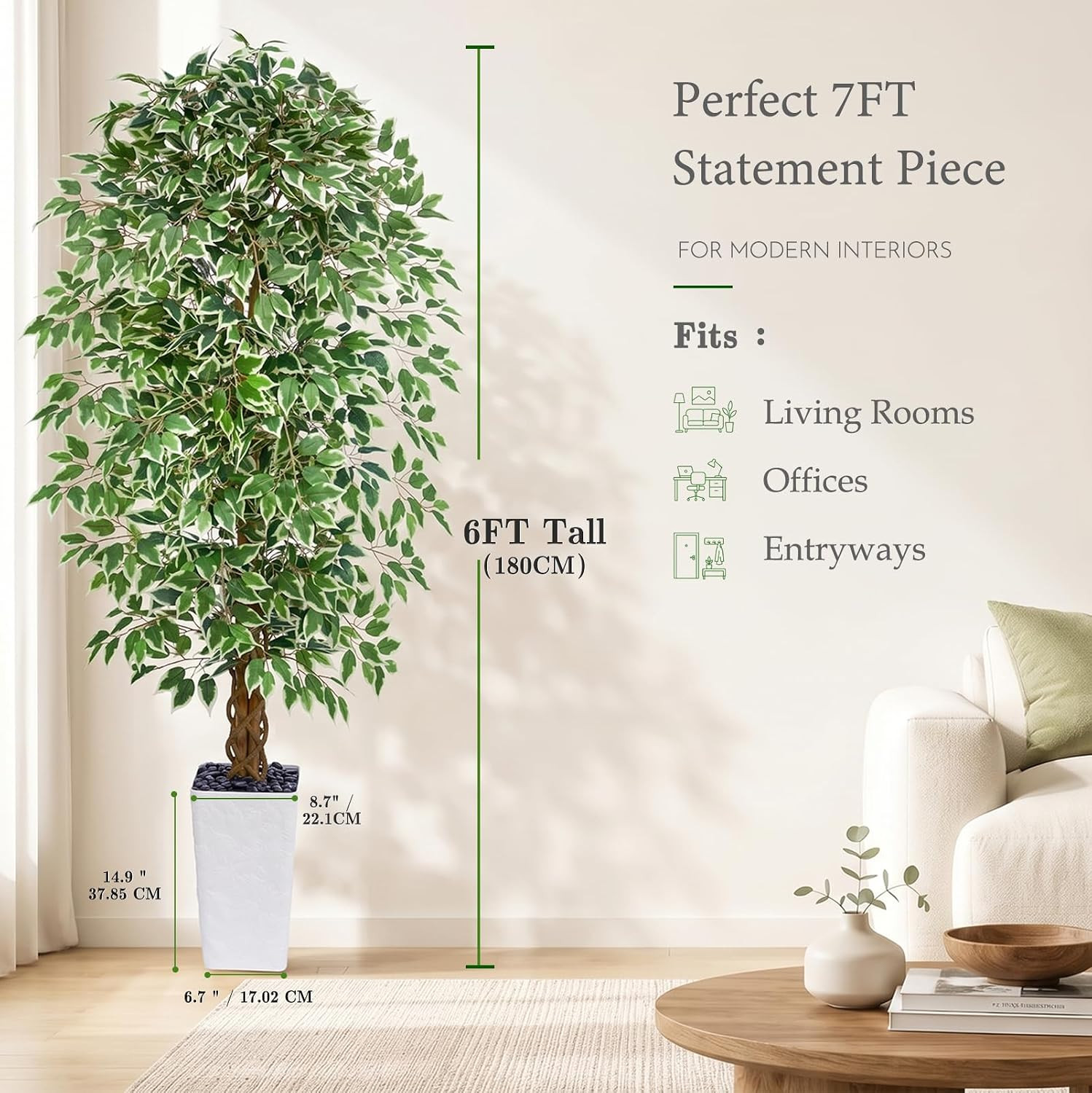 6FT Artificial Ficus Tree, Tall Fake Ficus Tree with Natural Wood Trunk & Silk L