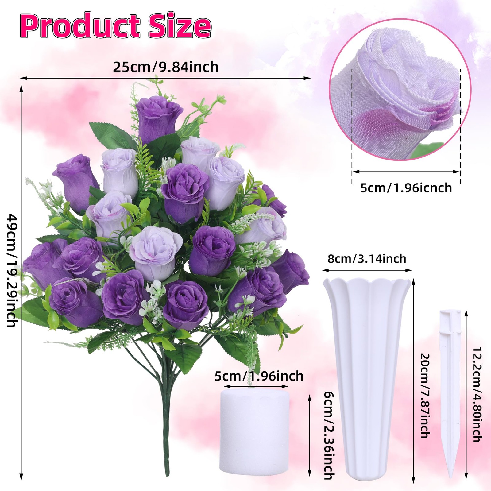 Set of 2 Artificial Cemetery Flowers, Grave Memorial Flowers with Vase, Outdo…
