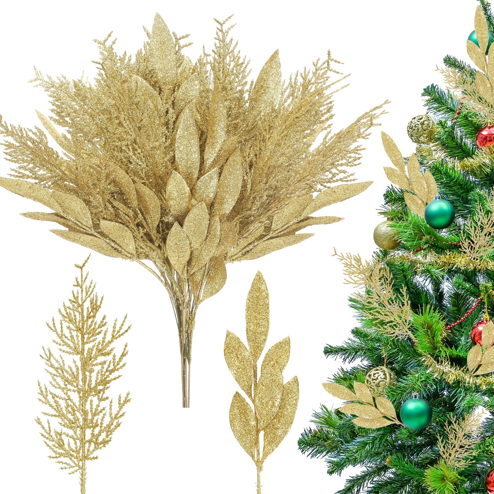 30pcs Gold Christmas Picks Glitter Bay Leaf Ornaments Velvet Gold Glittered C…