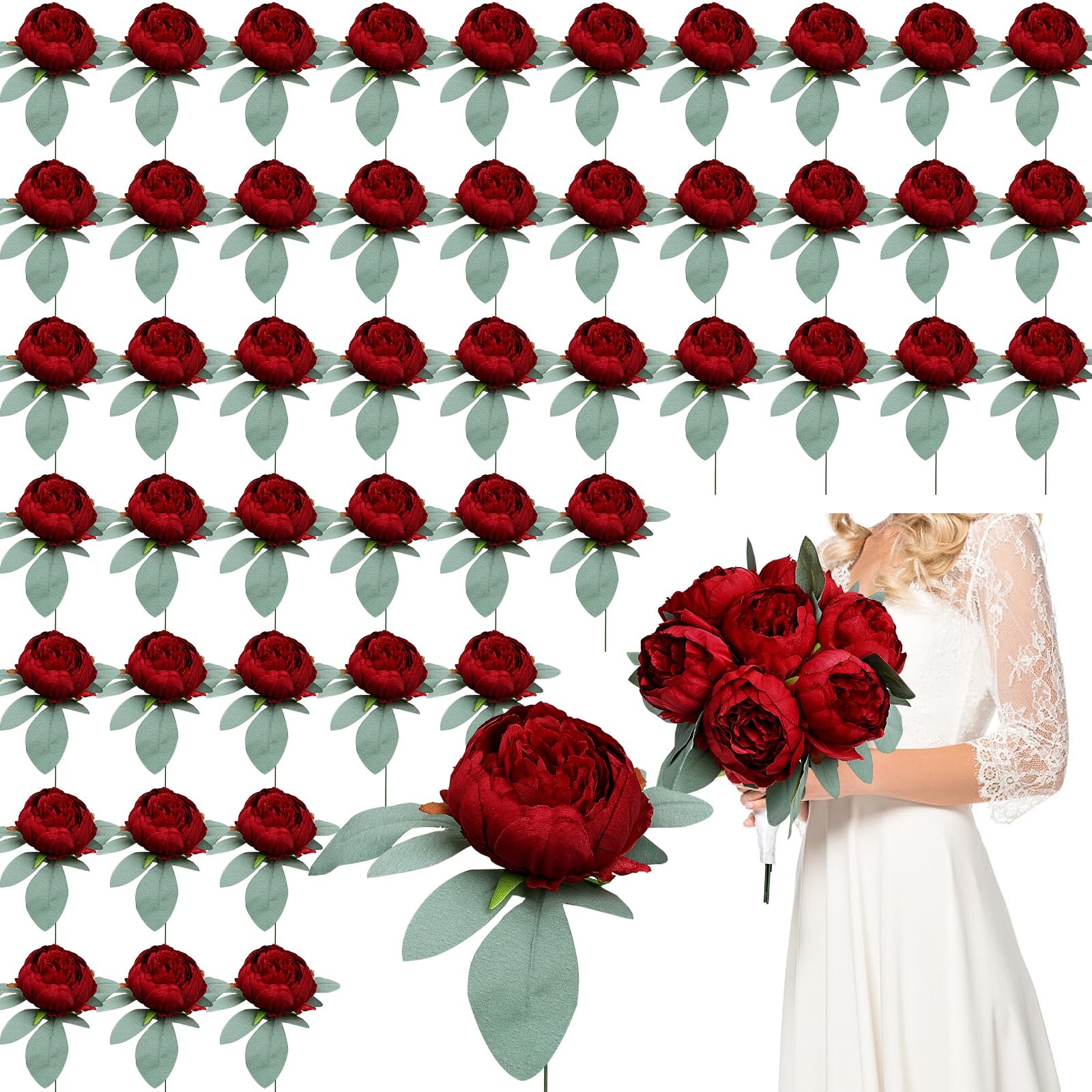 50 PCS Burgundy Artificial Peonies Fake Flowers Faux Silk Arrangements