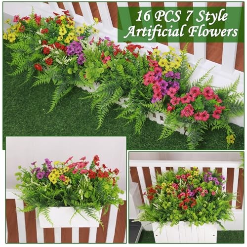 Artificial Flowers for Outdoors, UV Resistant No Fade 16 Bundles 7 Styles Fake