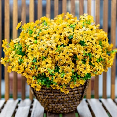 Artificial Fall Flowers for Outdoors Fake Mums – 16 Bundles Faux Plants Yellow
