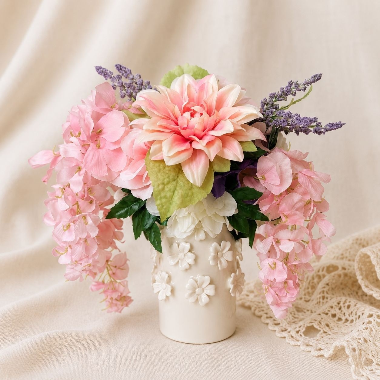 Pink Silk Floral Arrangement White Daisy Ceramic Vase Hydrangea Dahlia Decor