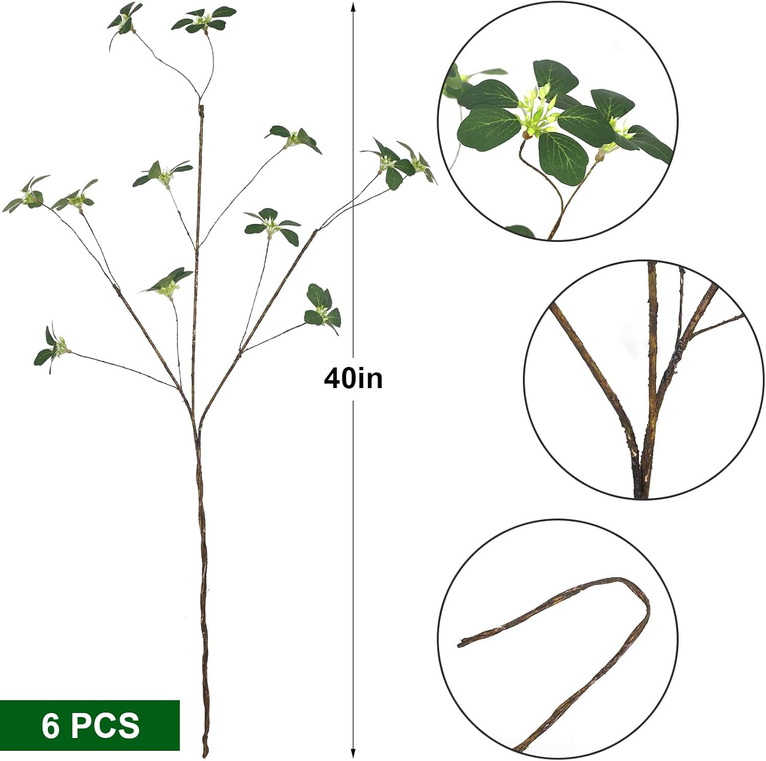6Pcs 40” Long Faux Plant Branches with Artificial Leaves & Seeds Greenery Eucal