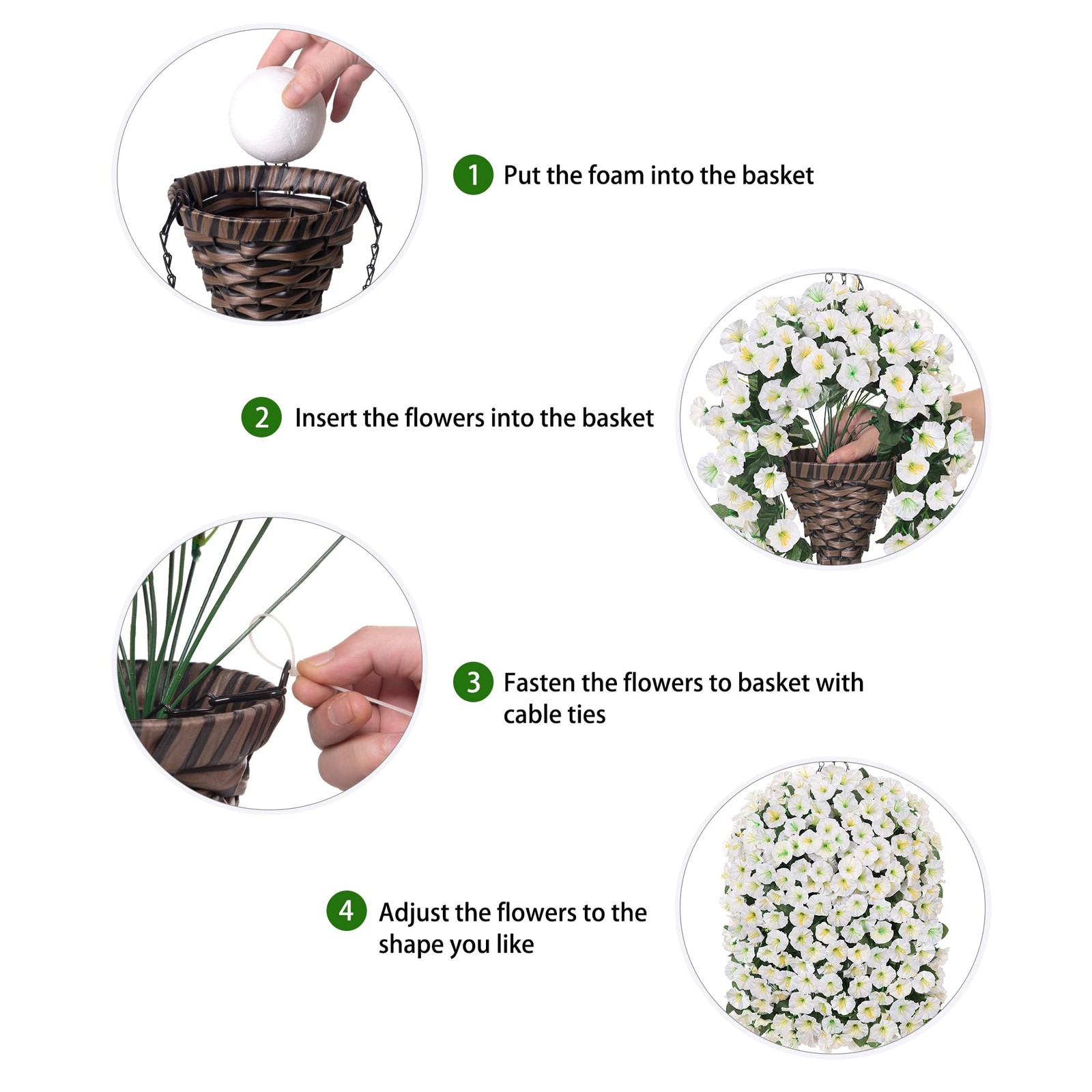 HyeFlora Artificial Faux Hanging White Flowers Plants Basket for Outdoor Outs…