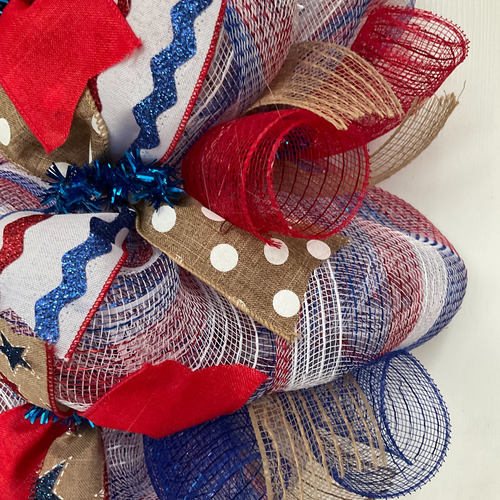 Red Burlap and Blue Patriotic Ribbon Wreath Handmade Deco Mesh