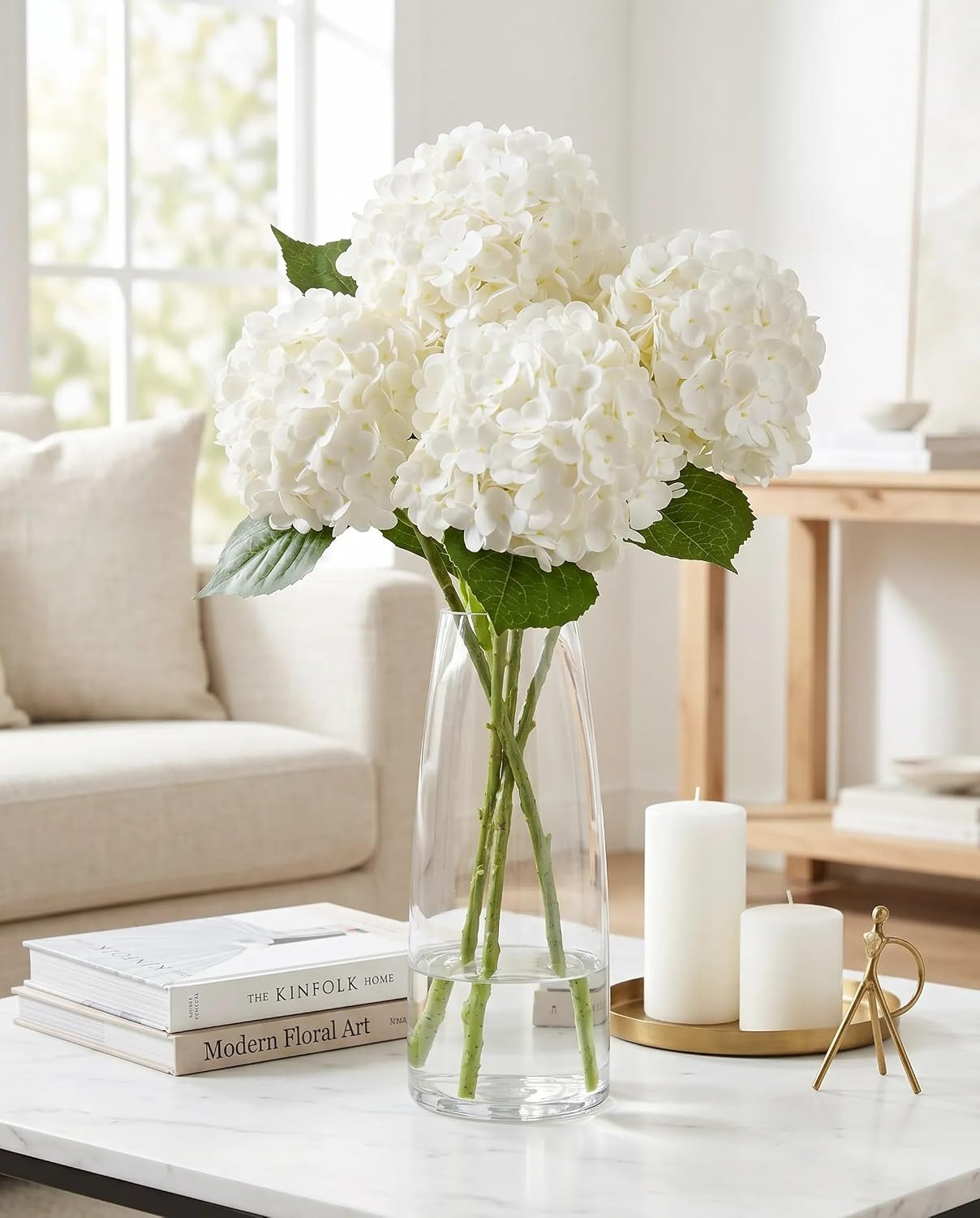 Large White Faux Hydrangea Flowers – 4 Pcs Real Touch for Home & Events