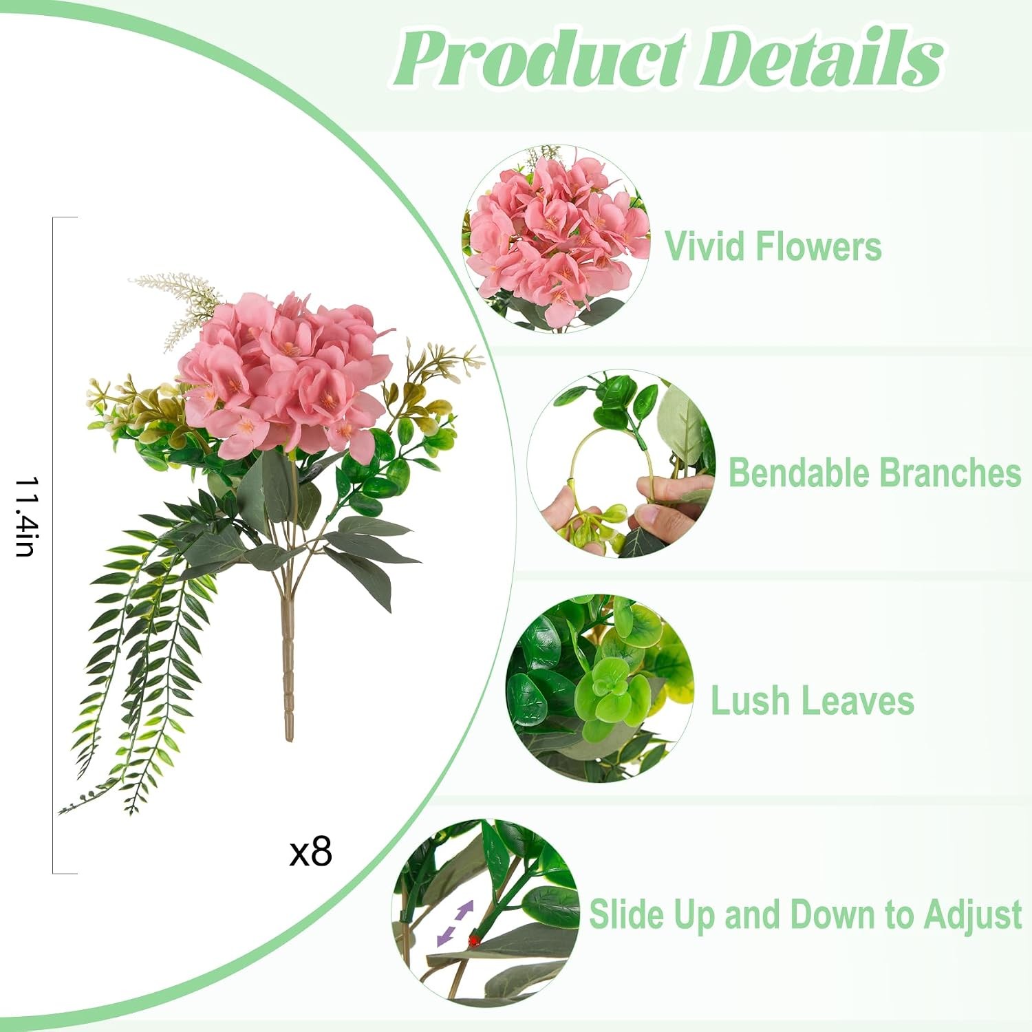 8 Pcs Artificial Hydrangea Flowers Silk Champagne Fake Flower with Eucalyptus
