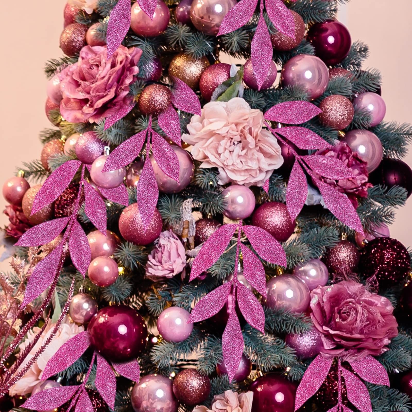 20 Pcs Pink Glitter Bay Leaf Sprays Artificial Christmas Tree Picks 12.7 Inch