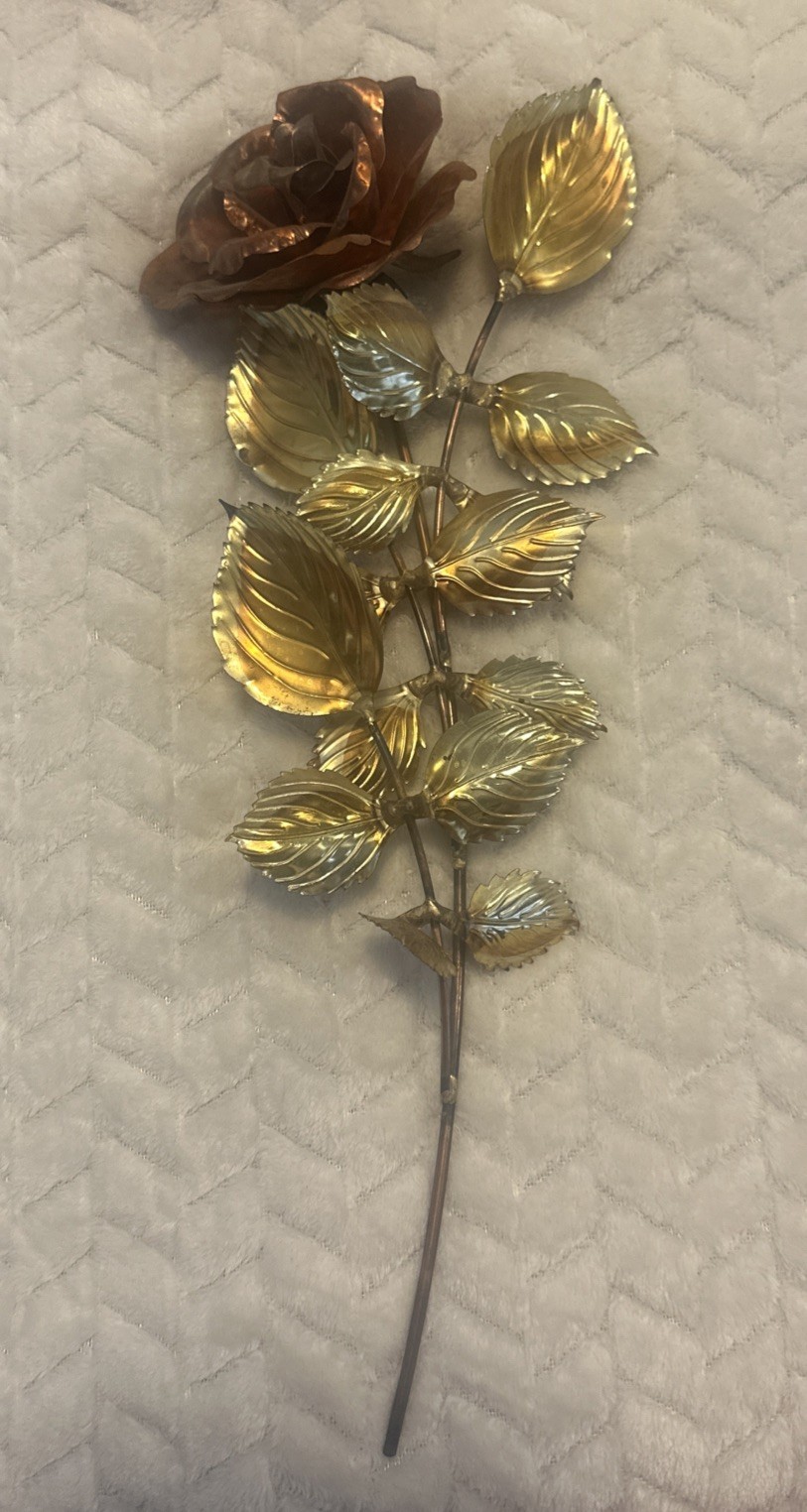 3 Gold Tone Brass & Copper Flower Roses Leaf Metal Wall Hanging Decor Set