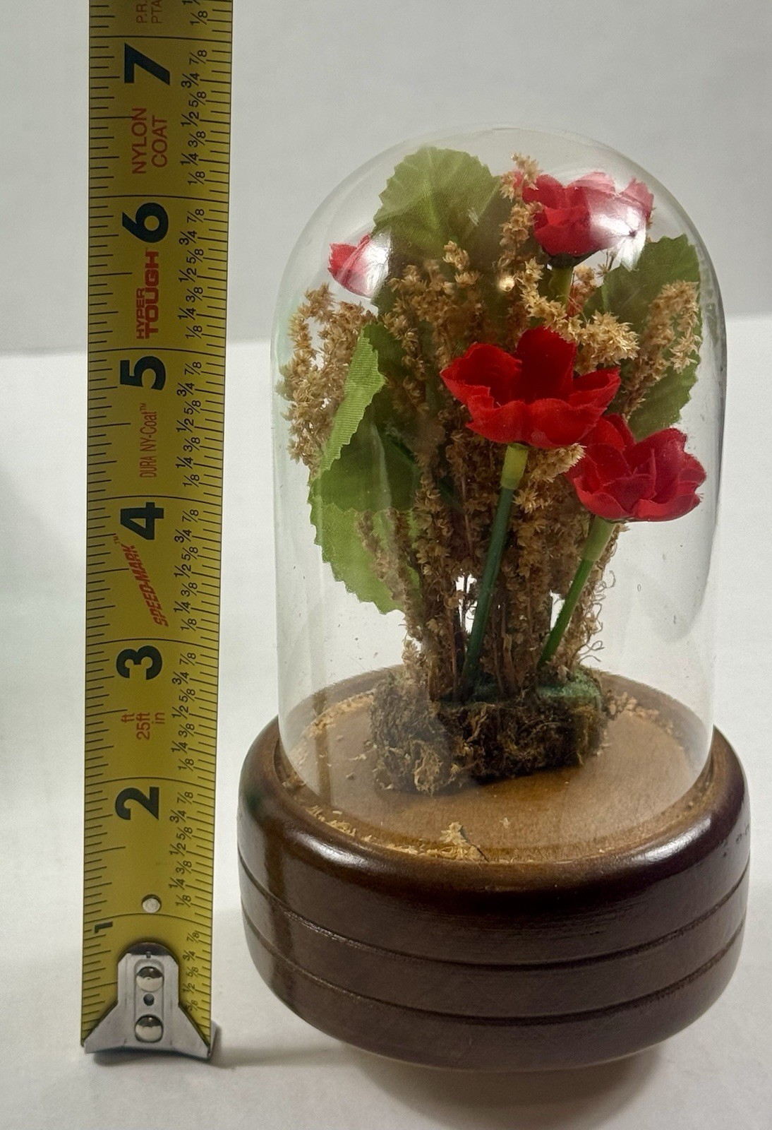 Artificial Red Rose Flower Arrangement in Glass Dome with Wood Base, 6 in Tall