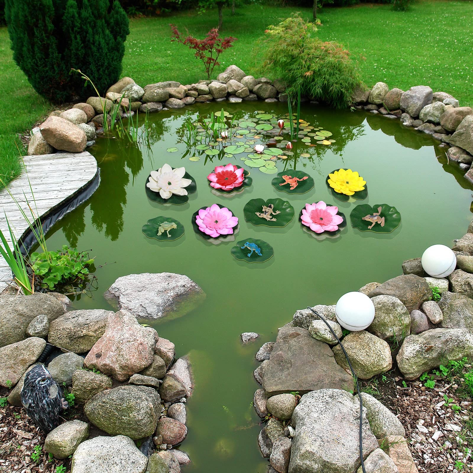 22 Pcs Artificial Floating Lotus Flowers with Frog Figures for Garden Decor