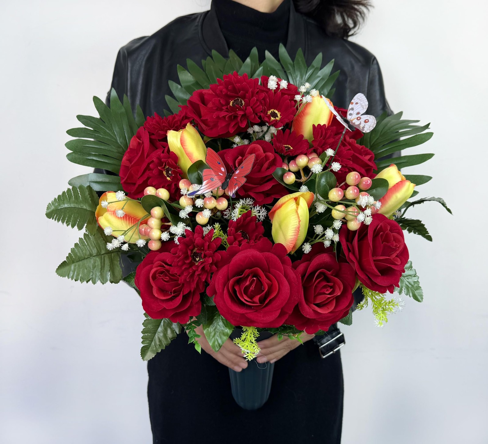 Artificial Cemetery Flowers for Grave,Memorial Flowers Bouquet with Vase for …