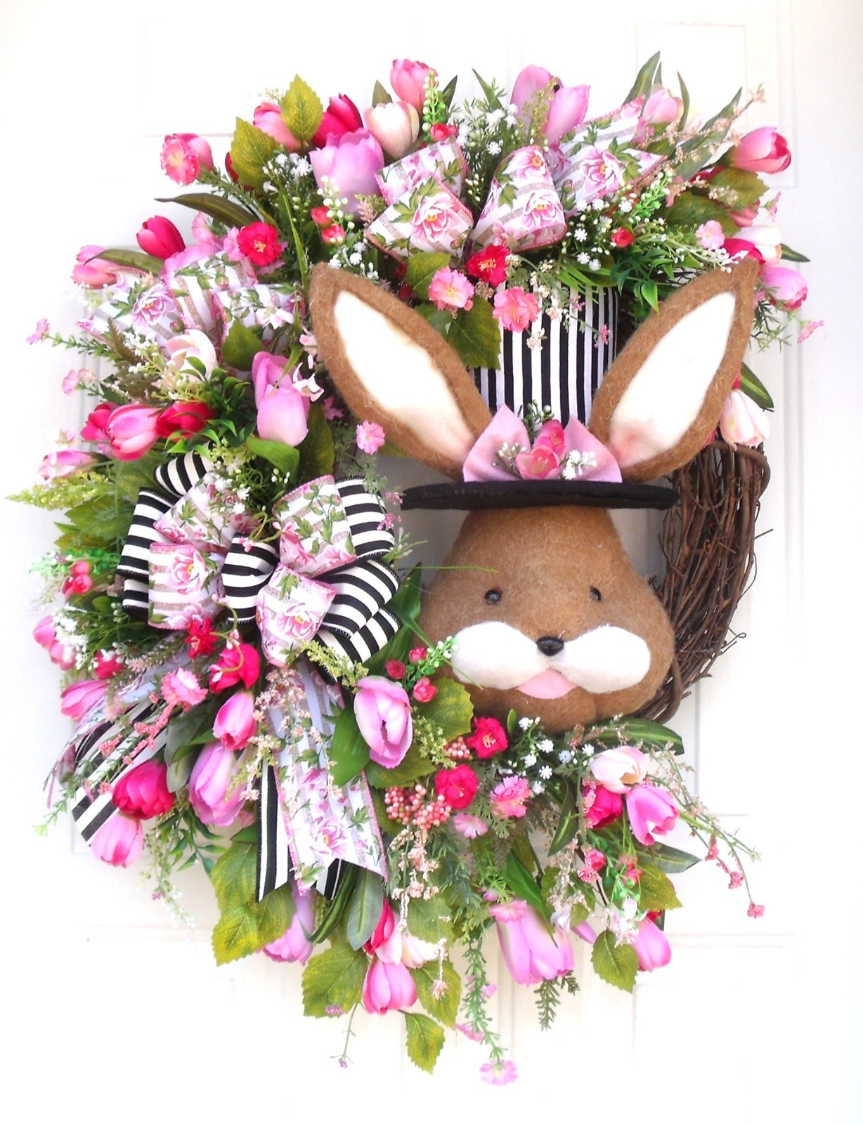 Spring Easter Bunny Wreath, Door Decor Pinks/Black/Whites