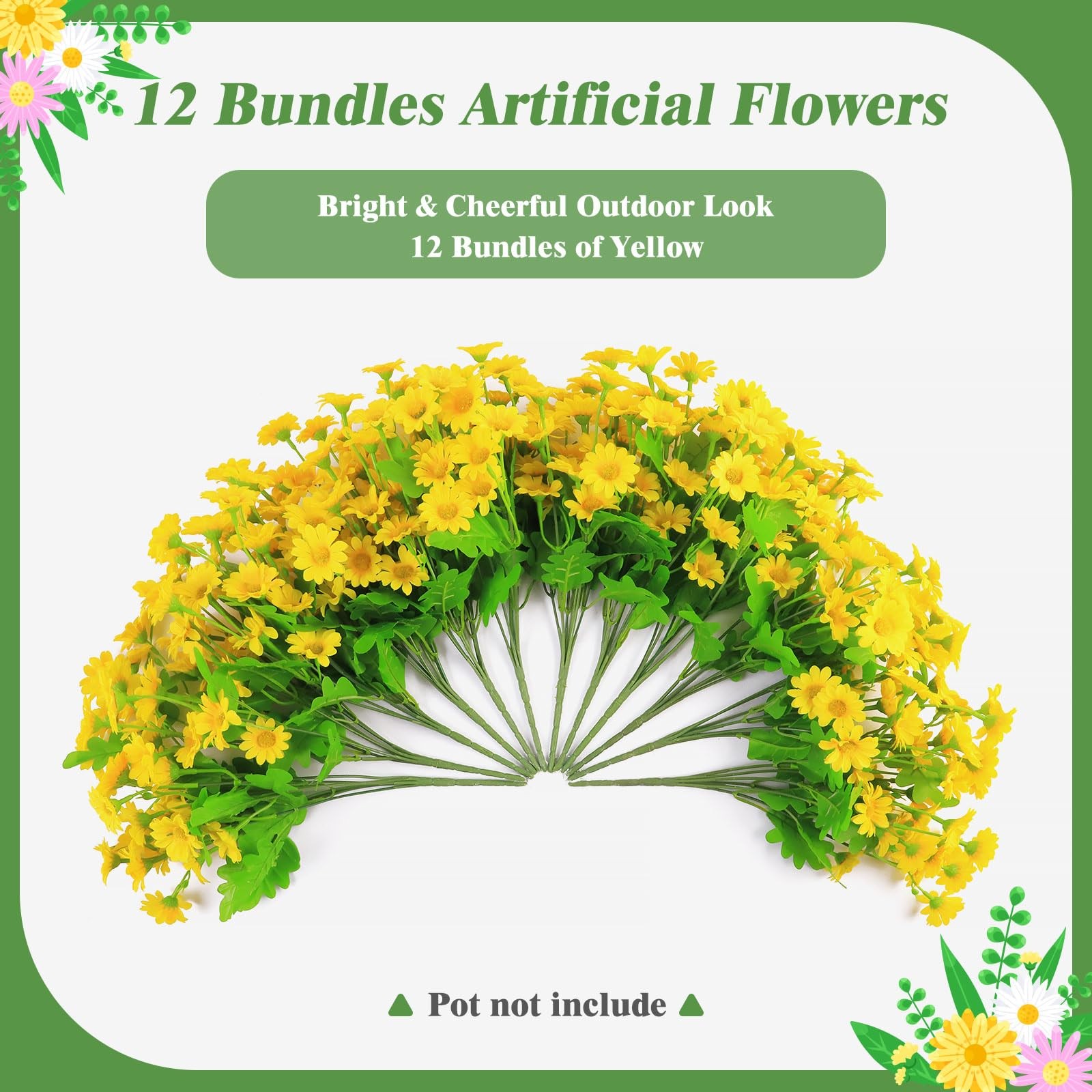 Fake Flowers, 12 Bundles Yellow Daisy Flowers, Uv-Resistant Artificial Outdoo…
