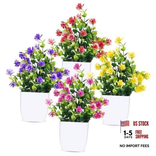 Fake Flowers Packs Artificial Plants Indoor Mini 4 Mix Red Rose Yellow Purple