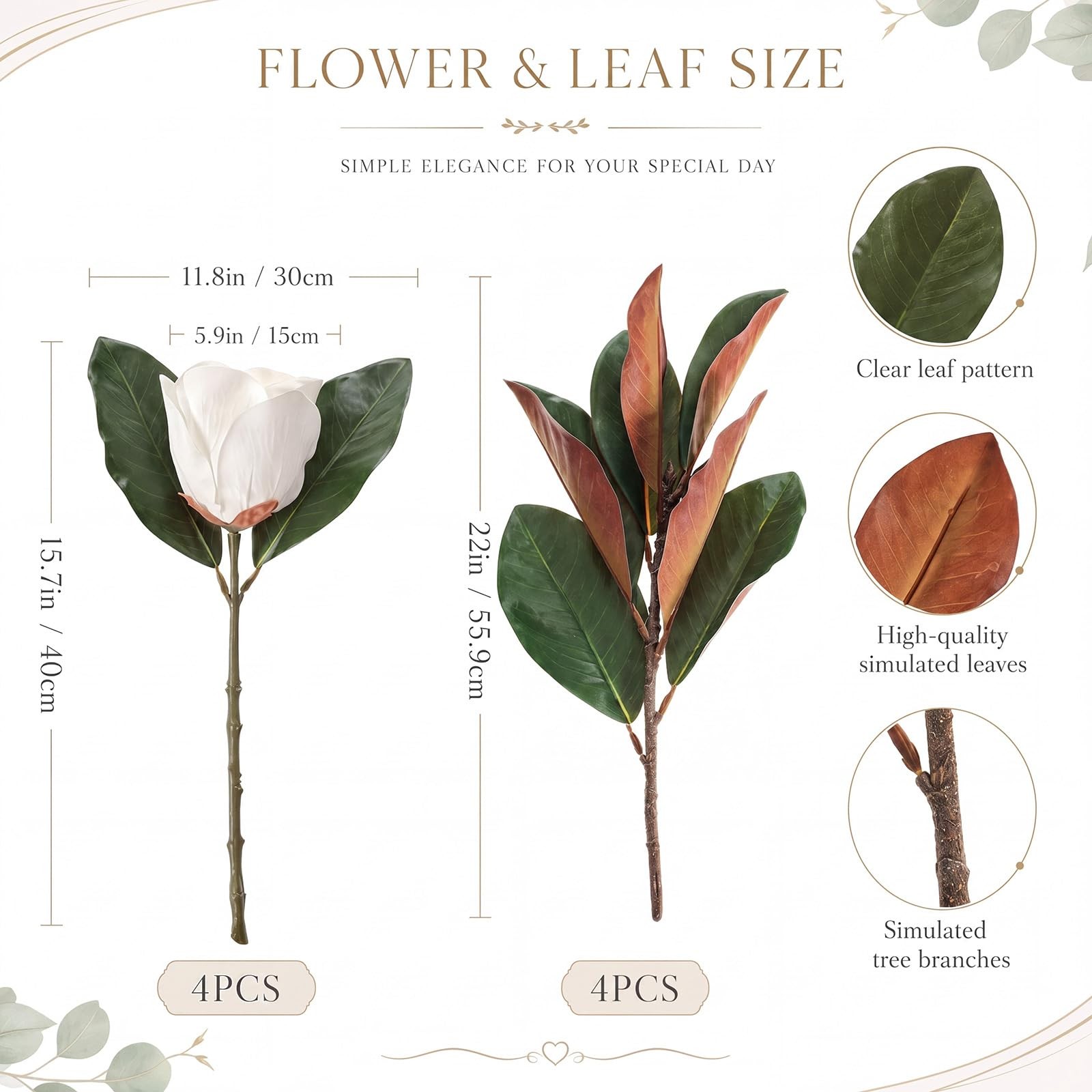 8 Pcs Magnolia Flower Set 4 White Artificial Magnolia Flower Stems 4 Branches…