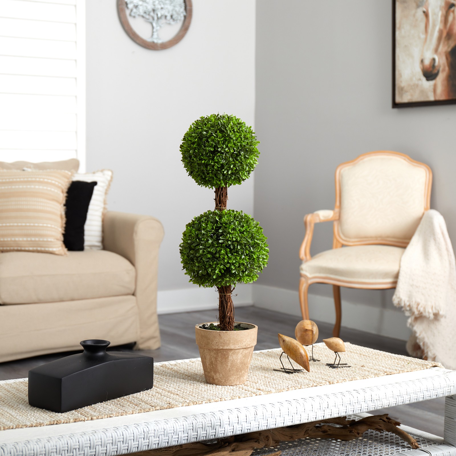 Nearly Natural 2.5ft Boxwood Double Ball Topiary Artificial Tree(Indoor/Outdoor)