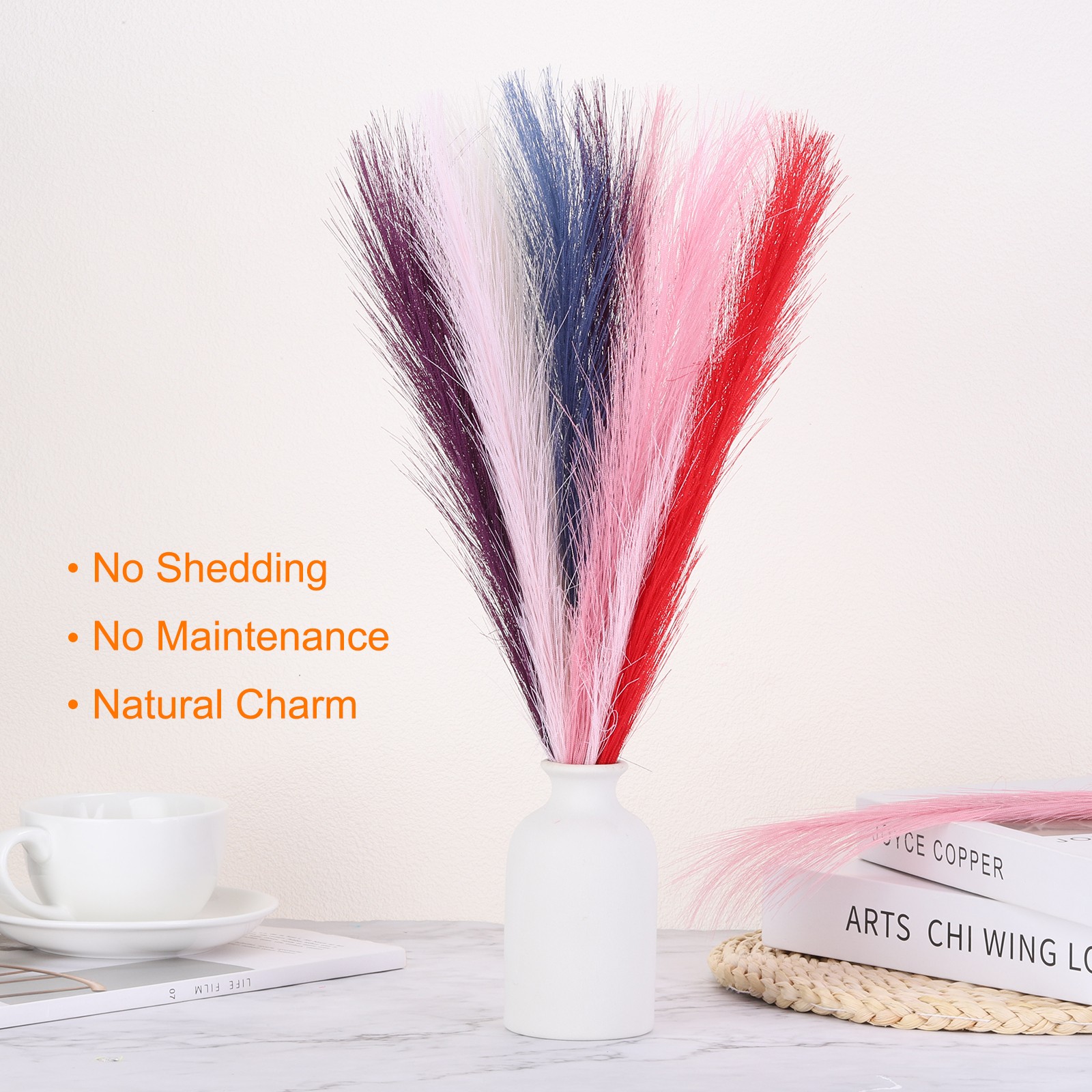 50 Pcs Faux Pampas Grass, 22 Inch Fluffy Pampas Grass Decor, Orange