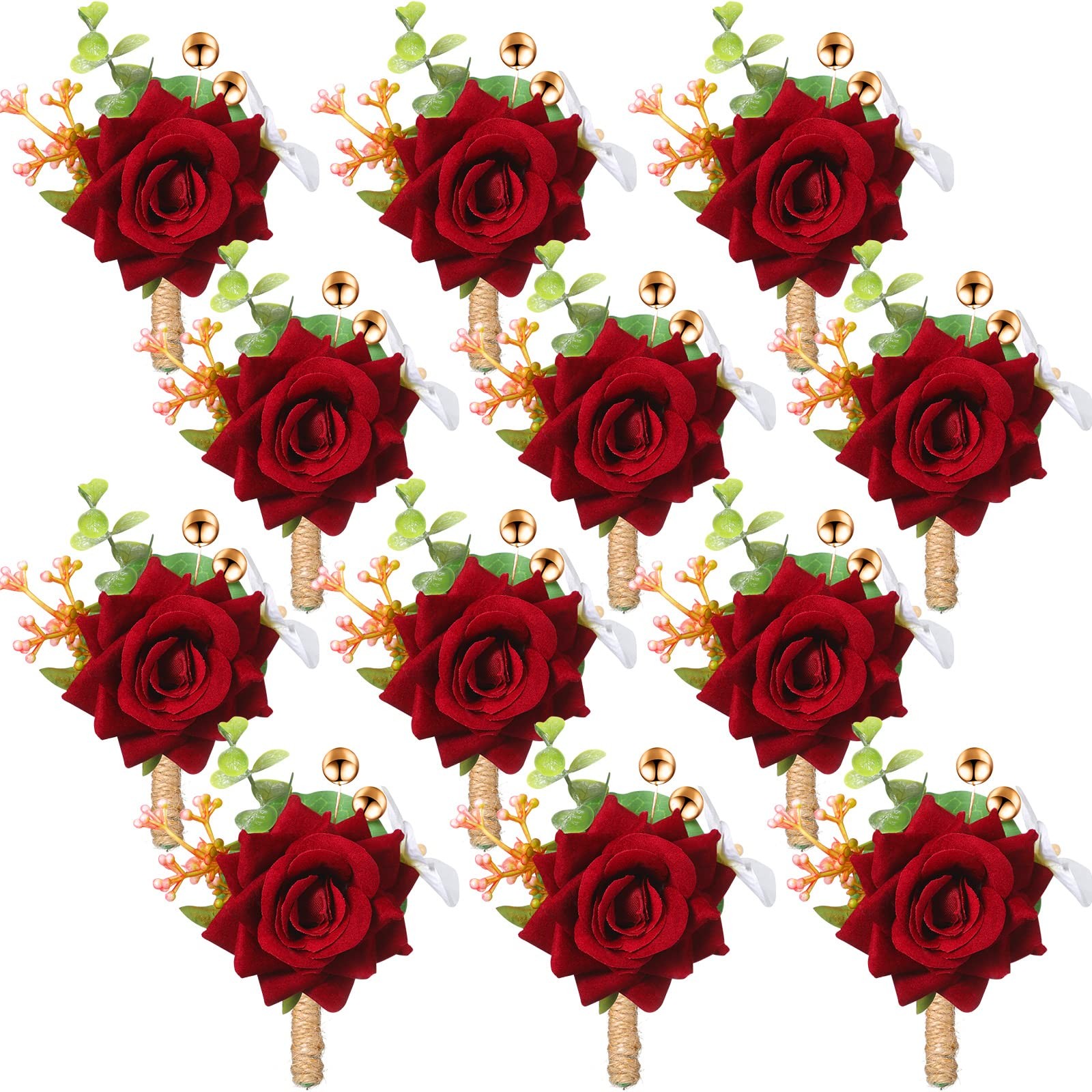 12 Pcs Red Rose Burgundy Boutonniere, Fall Wedding, Corsage Set, Pin, Groom