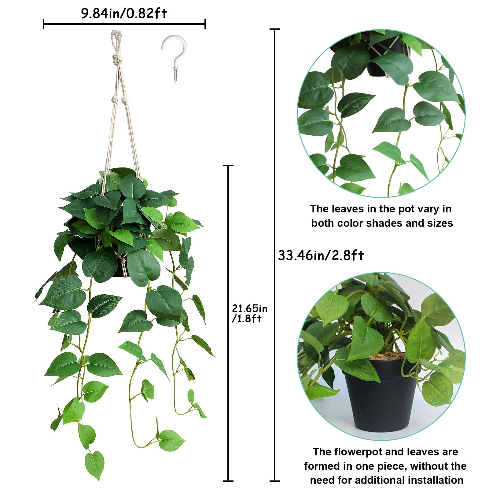 Green Artificial Lush Faux Philodendron Pothos Ivy Fake Hanging Plants Pot