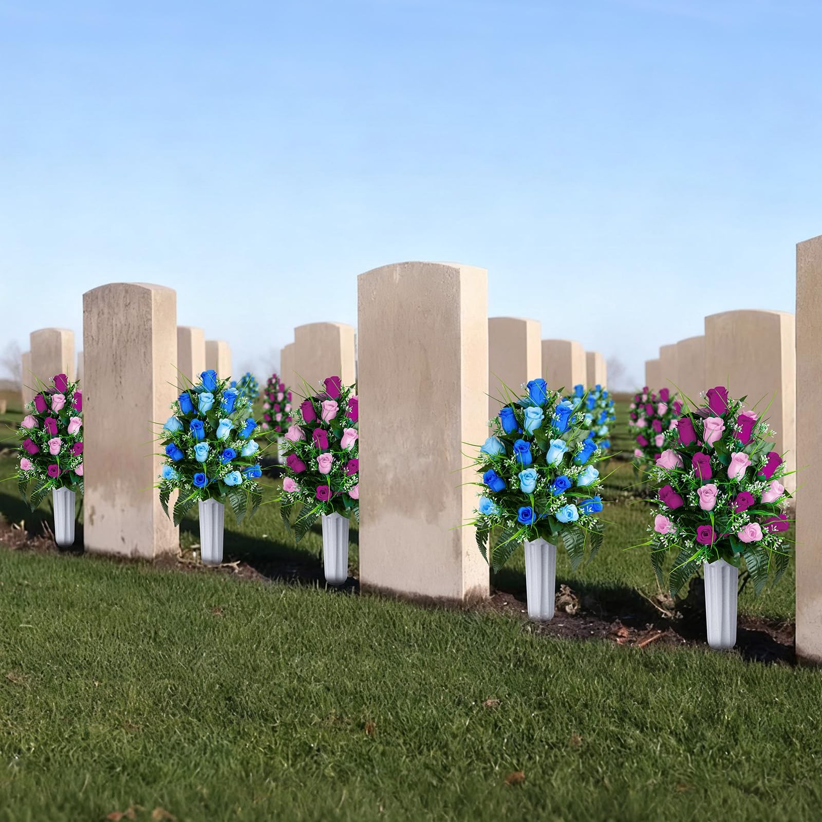 Artificial Cemetery Flowers – Set of 2 Grave Memorial Rose Flowers with Vase