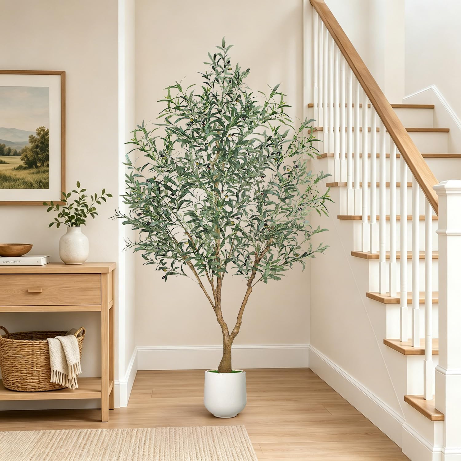 Olive Trees Artificial Indoor, 7FT Tall Faux Olive Tree with White Tall Planter,