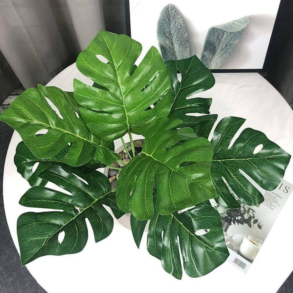 12 In. Artificial Green Indoor/Outdoor Tropical Monstera Plant Faux Palm Leaves