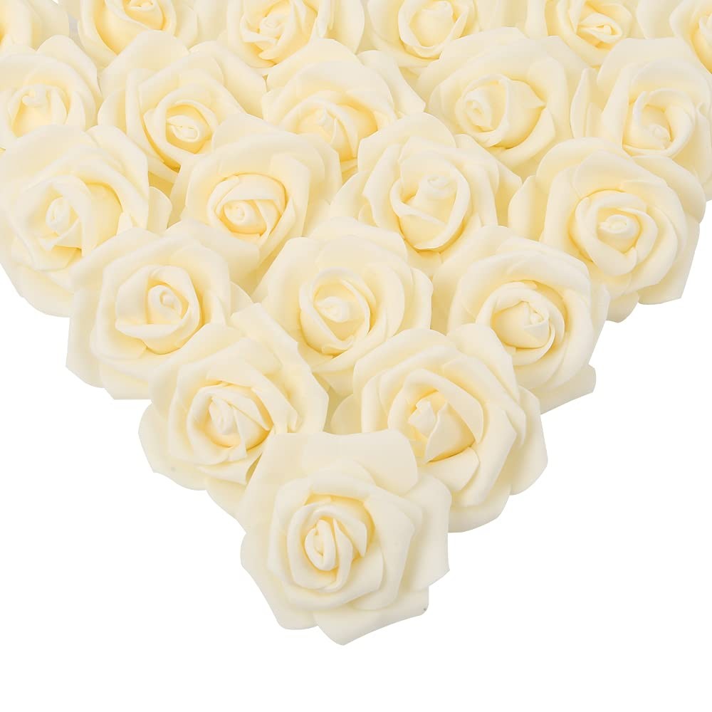 Artificial Rose Flower Heads, 100 Pcs Real Looking Creamy Yellow Foam Fake Ro…