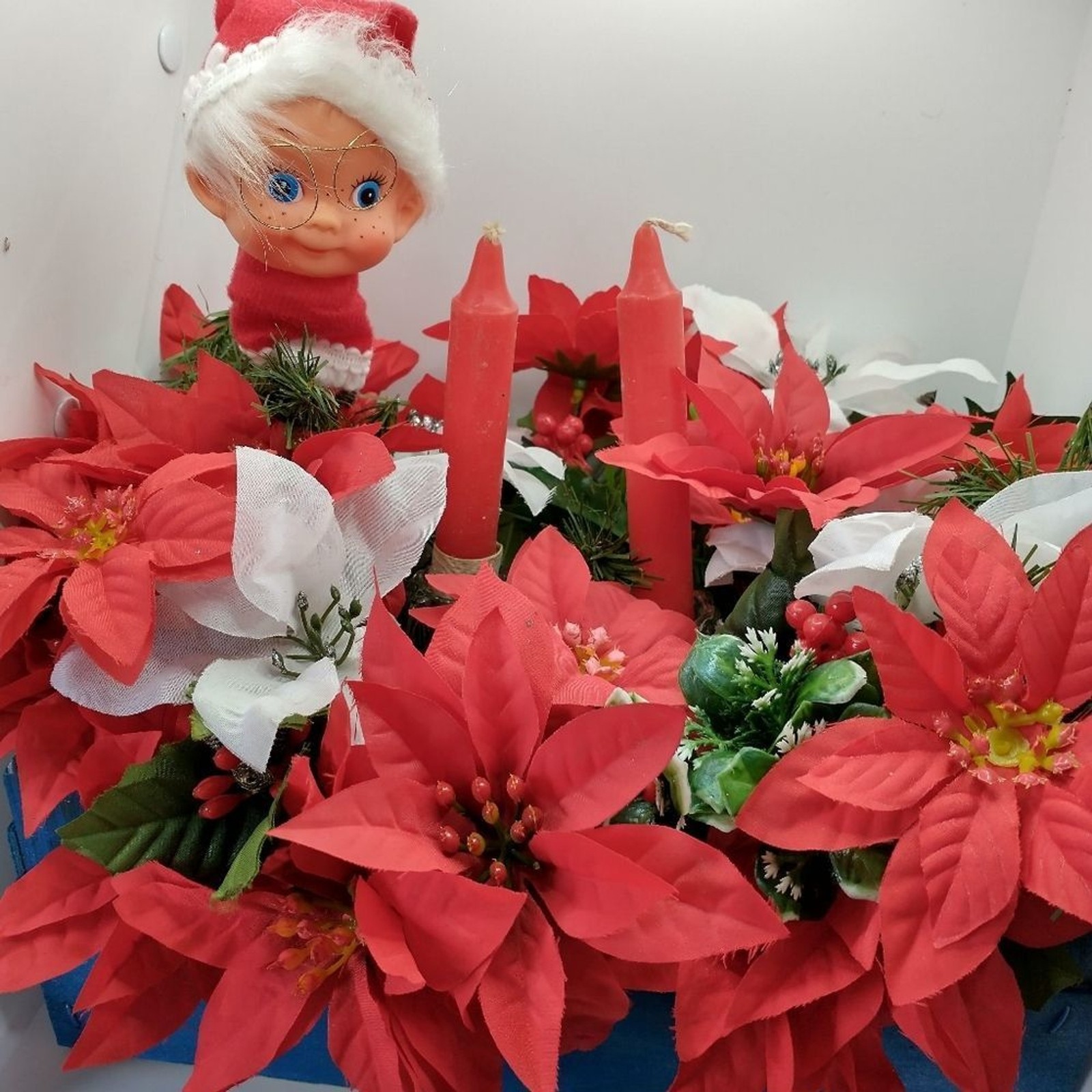 Hand Crafted Floral Table Centerpiece Winter Poinsettia Elf Candle Basket