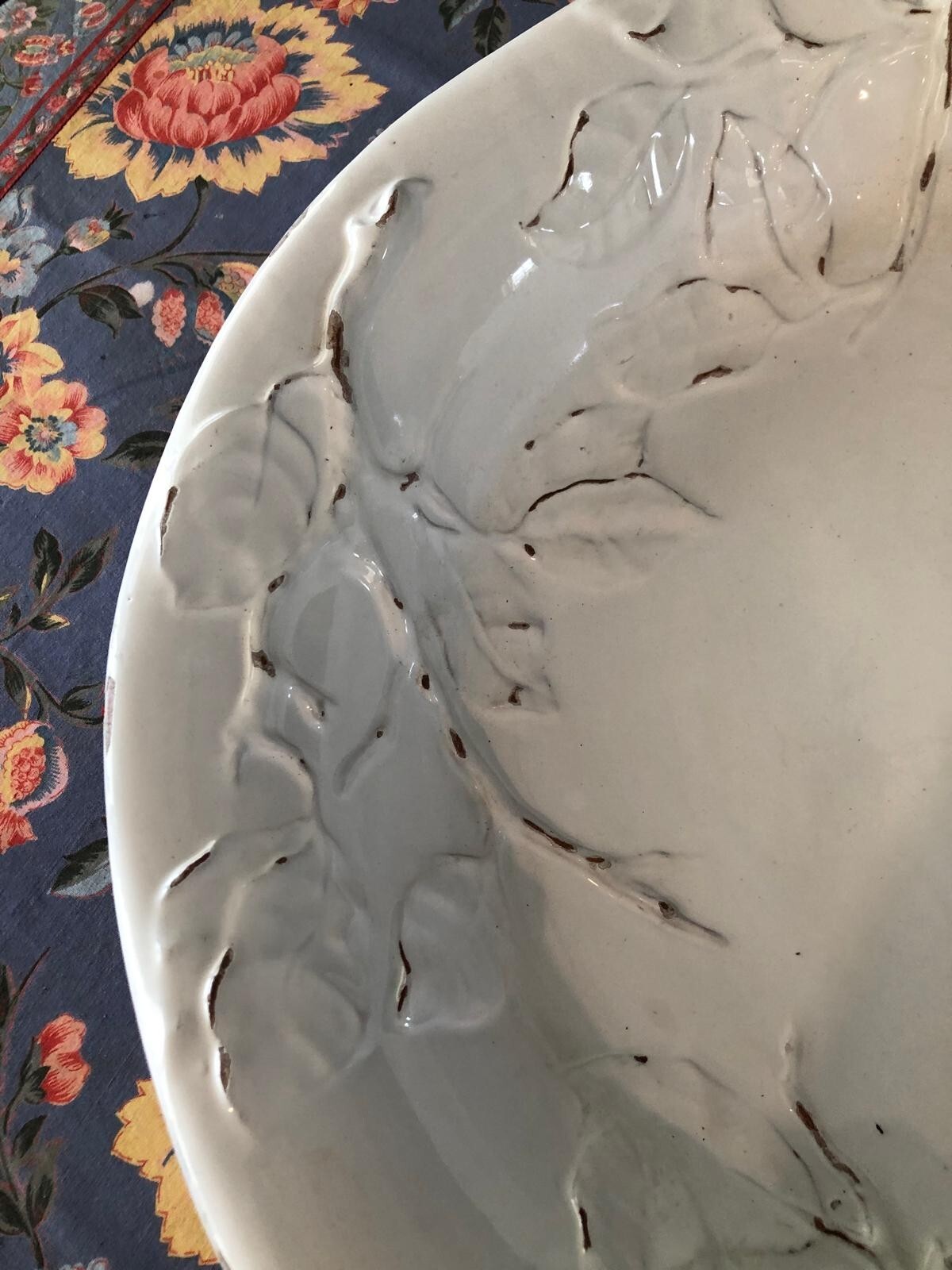Italian Plate with leaves in relief brownish markings 20” Diameter